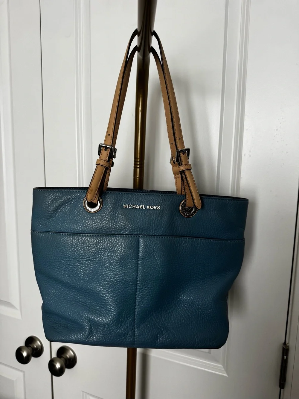 Michael Kors Dusty Blue Leather Tote with Tan Handles